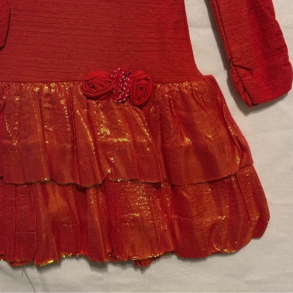 Sophie Catalou Dress Double Flounce Red L/S Floral Applique Metallic Ruffle 6